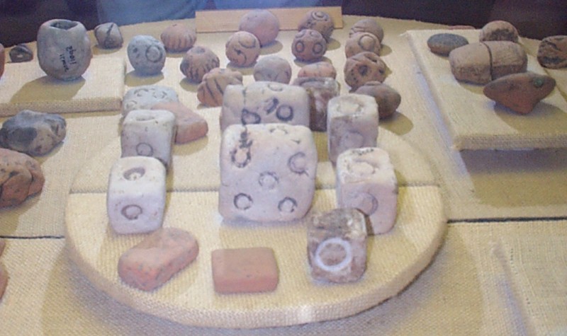 The small museum on site has a number of exhibits of worked stone, clay, objects, and the like. This exhibit was particularly interesting with the dice-like artifacts. 