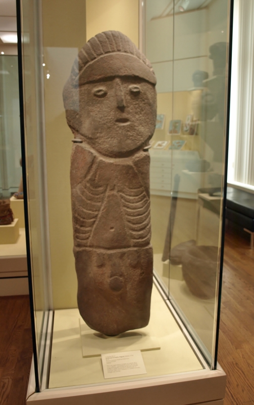 An Anthropomorphic Figure carved from basalt.  Columbia River Valley.  Pre-European Contact period.
The figure is over four and a half feet tall.  From the catalog: 