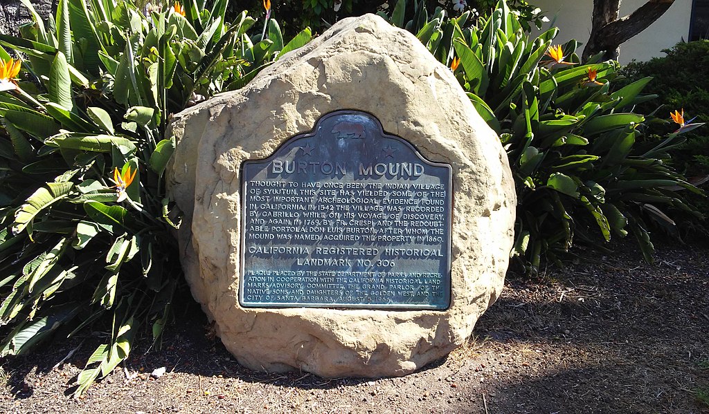 Burton Mound Landmark plaque in Ambassador Park, Santa Barbara, California (California Registered Historical Landmark No. 306), September 2017.  Wiki: (Niranjan Arminius).