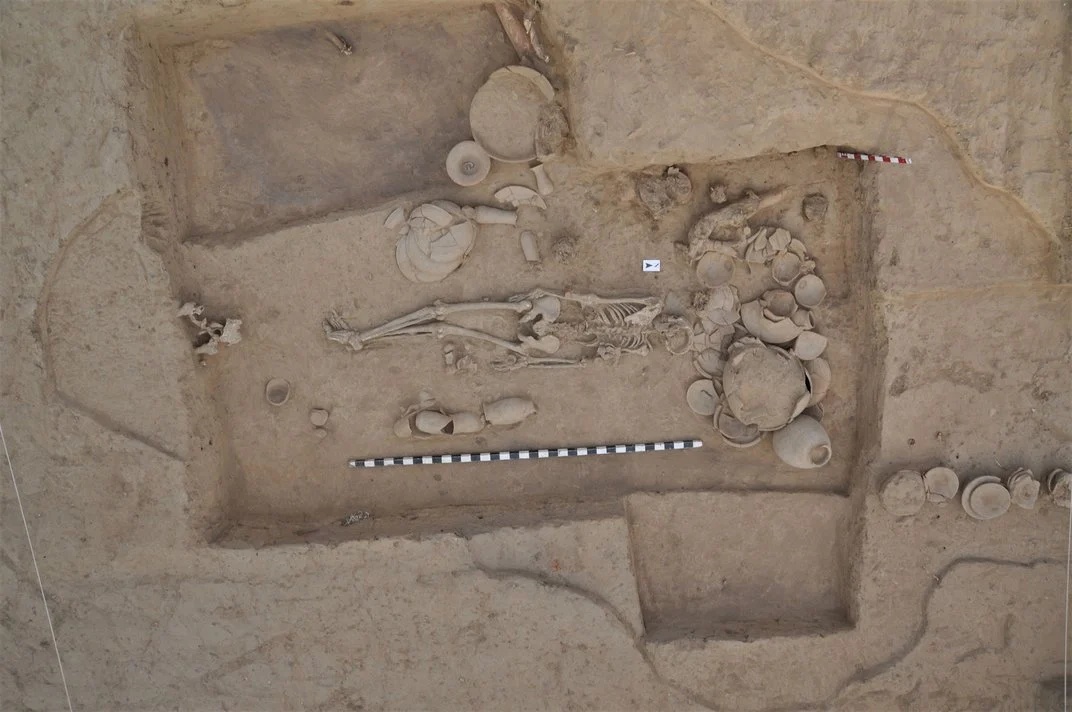 The skeleton analyzed in the ancient DNA study, shown associated with typical Indus Valley Civilization grave goods and illustrating the typical North-South orientation of IVC burials. 

Photo Credit: Vasant Shinde / Deccan College Post Graduate and Research Institute