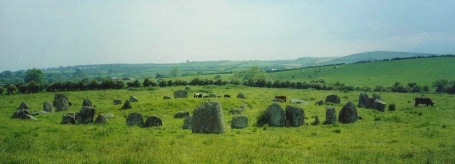 Ballynoe stone circle with the outlier in front of it.