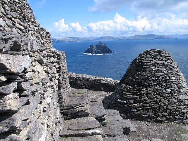 View of Little Skellig and the County Kerry, Ireland coastline from Skellig Michael Monastic Complex.