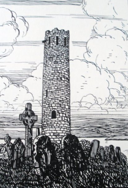 [A drawing by Peter F. Anson  from The Pilgrim's Sketch Books-No.4 An Irish Pilgrimage 1932]. A view of the round tower and Celtic cross at Clonmacnois, Co Offaly, Southern Ireland.