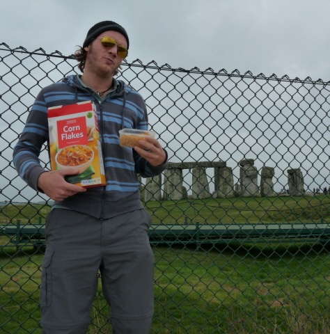 Hobboy having Corn Flakes at Stonehenge
