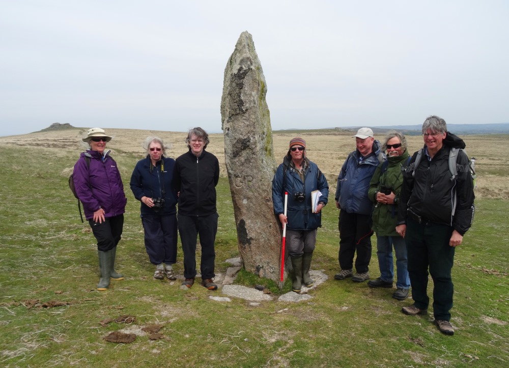This is the best of two I took of the group at the Shovel Down Longstone on Dartmoor. At least Andy B's hair looks tidy! (he's just to the left of the stone)  Kestor Rock over Janet's right shoulder.  'GP' stands for Gidleigh Parish.
16th May 2019  