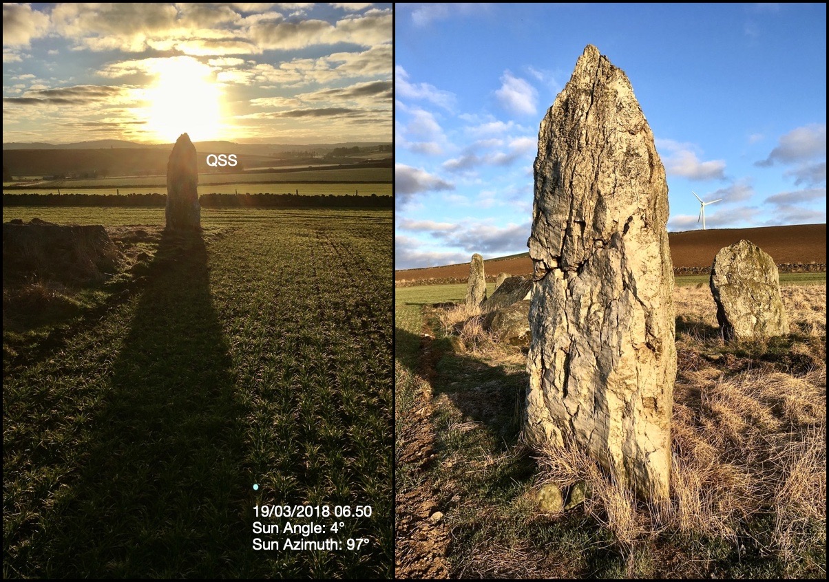 Quartz Standing Stone shadow SH2: the Spring sunrise highlighted the QSS shadow length and shape, but what about its direction? My calculations suggest; in the week after the winter solstice 22-28 December 2022, a sunrise with a sun angle 4° would align with the QSS azimuth 147° at 09:45 +/-20 minutes. The QSS shadow would point and mark the centre of the RSC. The quartz would symbolise the even