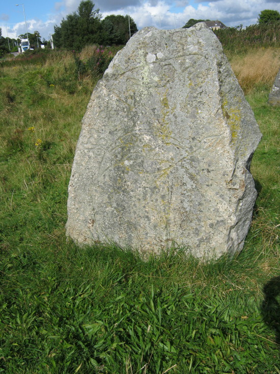 This third stone is a newcomer to the henge and setting having been recently moved to make way for new railway tracks.  It is a Pictish carved stone.  September 2012.