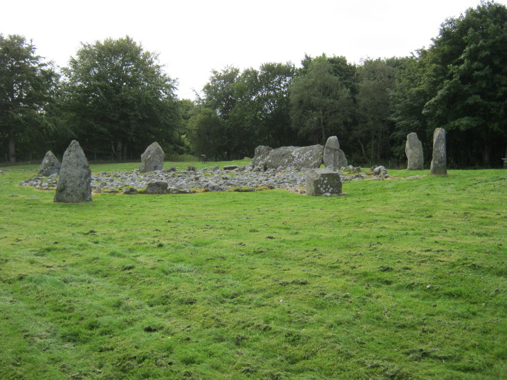 View of the whole circle.  5 of the standing stones were re-erected after the 1934 excavations.  September 2012.