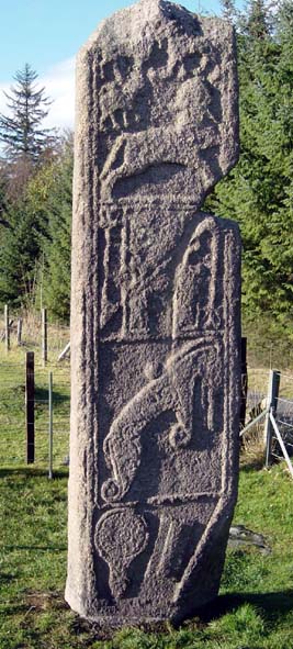 Nice view of the back face of this Pictish symbol stone showing (from top) centaur ..  notched rectangle .. Pictish Beast .. Mirror and Comb.

Grid Ref: NJ703247