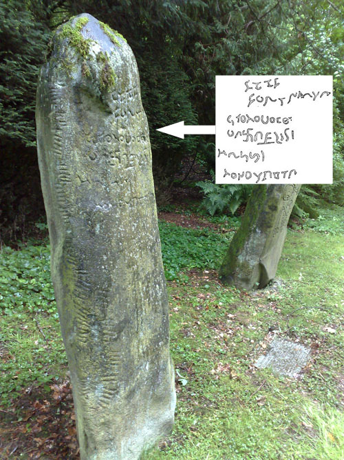 Newton Stone 2, showing the ogham writing up the side and the six lines of mysterious inscription. Inset is a rough drawing of the inscription which is in no known alphabet. It has been suggested to be Celtic lettering (similar to that seen in the Book of Deer) or even Brahmin script.