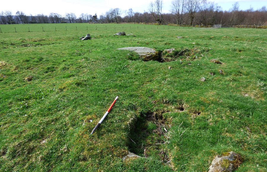 Small cist on the edge of the cairn. Large cist visible behind. View from north east. (15th April 2015).