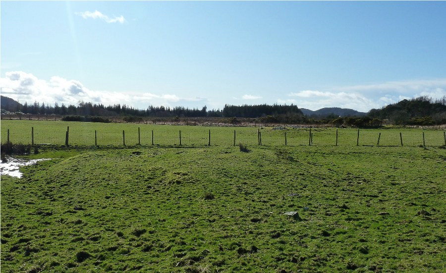 Castle Farm Barcaldine cairn C, earlier descriptions mention a number of kerbstones but no stones visible area is grassed over with slight hollow in centre.
Cairn 0.8 metres high diameter 9 metres.
Across the fence you can see cairn B and to the right the gorse marks the position of cairn A.