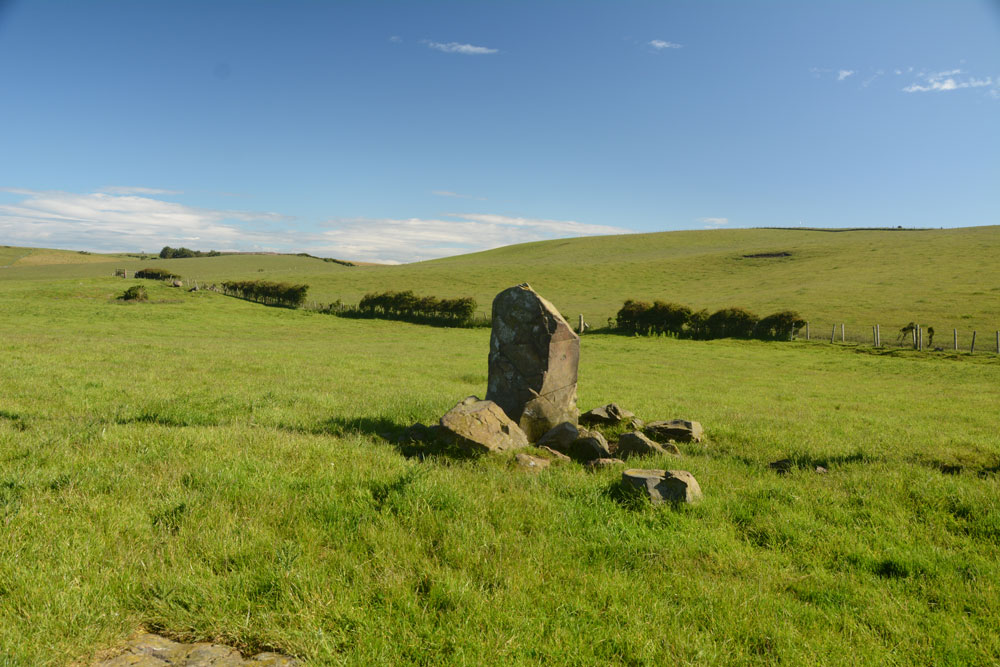 Canmore more tells us the stone is located some 260m ESE of the Knock and Maize farmhouse. It sits in a relatively flat plain above the sea (which is not far away, to its western side). At the time of our visit the field had been used for pasture.