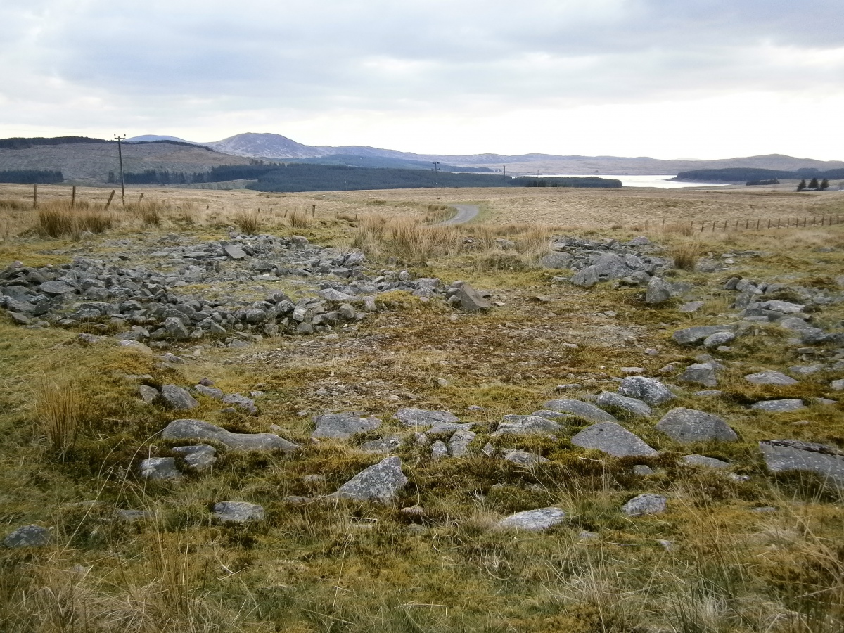 Lamford Burn Cairn looking W to Loch Doon. The cairn has been razed to ground level.
