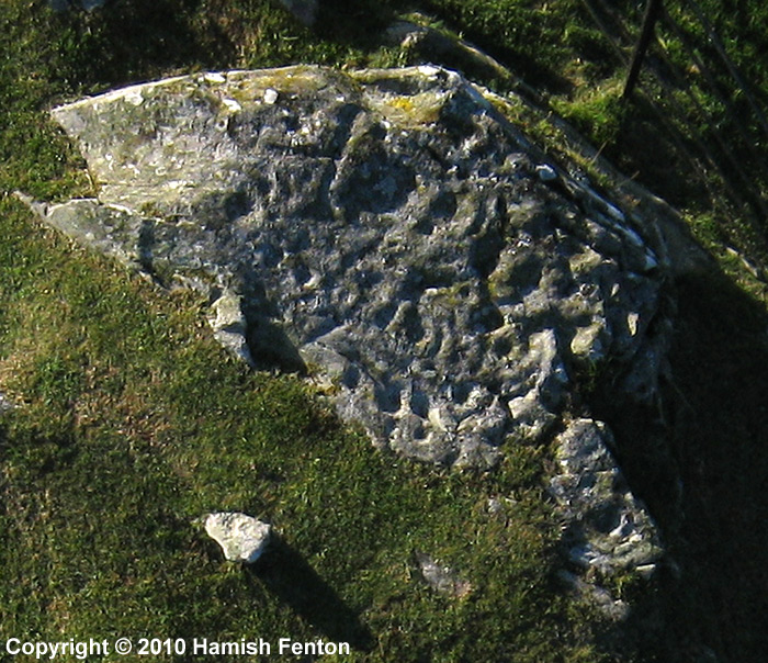 There seems to be a fair amount of cups and rings on this piece of rock on Outcrop 1, but it seems to be worn or damaged and so it looks rather confused.

This photo has been cropped from a kite 
aerial photograph.

17 September 2010 @ 7.46am