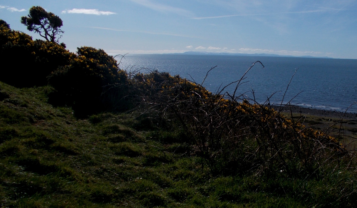 view from Barsalloch showing Isle of Man and the raised beach below the fort. 