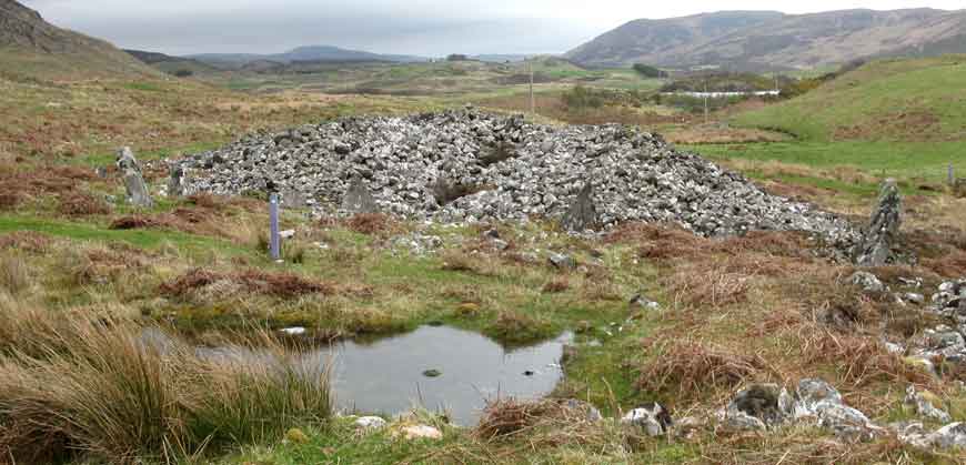 The Southern Coille na Borgie Cairn.  It is almost 240 feet long, and is the most impressive of the two cairns. The chamber is divided into compartments by pairs of upright slabs. (The similar but much more ruined cairn lies close by to the north.)  The cairns are located off minor road B873 (signed to Skelpick and Strathnaver Trail) that is off the A836 south of the village of Bettyhill, Highland