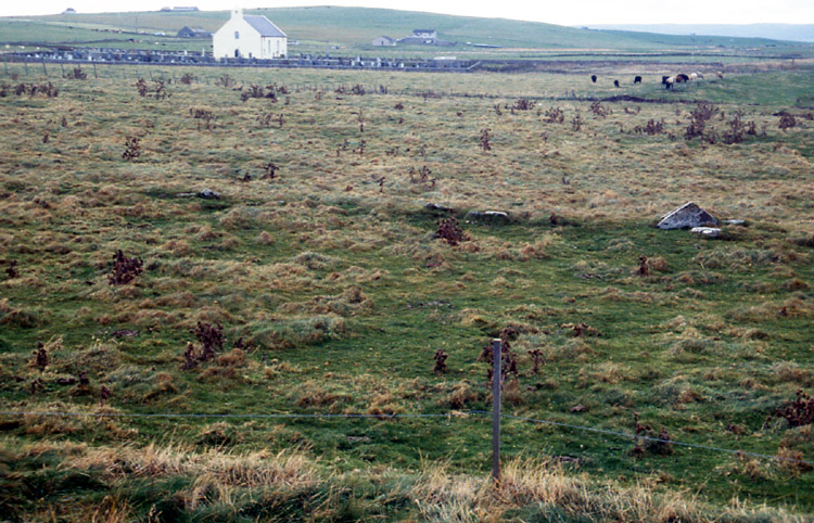View from the broch mound, showing base and intermittent line of walling and line of burn. Skaill Church in background