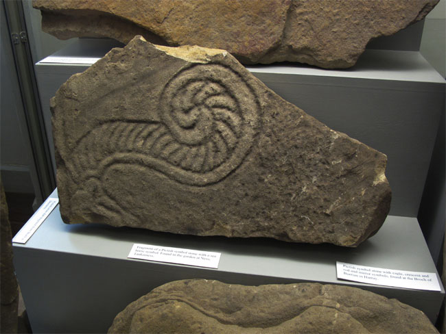 Fragment of a Pictish symbol stone with a sea horse symbol found on the Mainland of Orkney, Scotland.