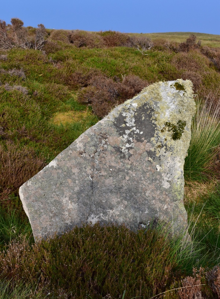 Triangular stone looking east uphill over the cairn and chamber