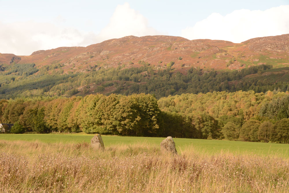 First view of the two surviving stones in this stone circle, taken from the gate near the track leading NNE up to the stones from the A85 west of Comrie.