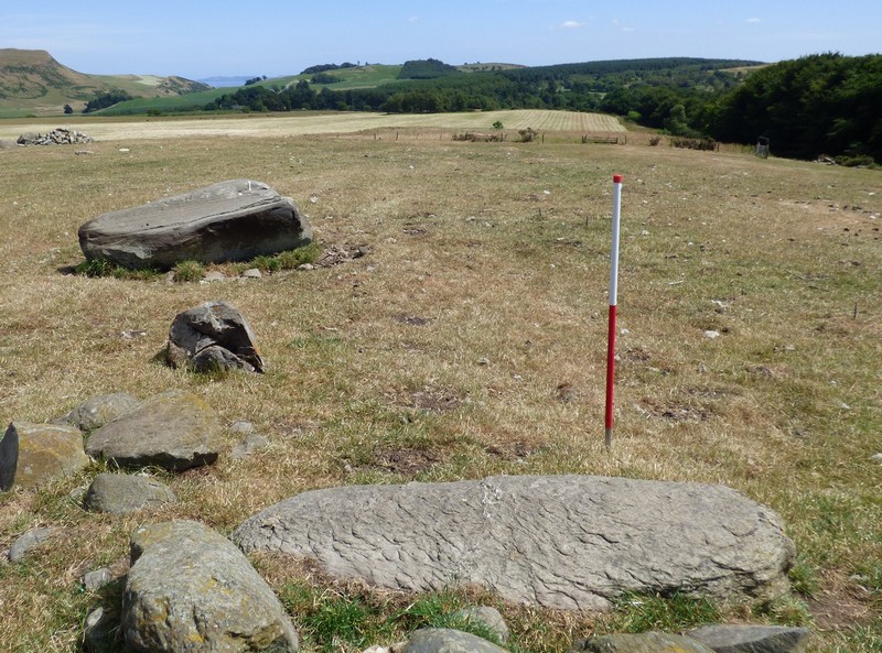 Stone 2 is recumbent, measures 1.4m long by 0.8m wide and stands up to 0.3m high above the ground surface. View from west (Scale 1m).