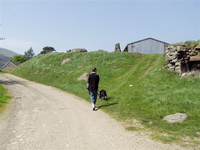 Approach from South with track up to plateau and standing stone visible. Lime kiln on right side of photo.