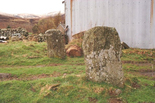 These stones stand beside a farm building, acting like gateposts for a field entrance.  No significant markings on either of them.  The farm road to Dunmay branches east from the A93 a couple of miles south of Spittal of Glenshee, crossing a small bridge.  Cars with dodgy suspensions should avoid this road like the plague, as it's suitable only for tractors or 4X4's only!  The road bends to the ri
