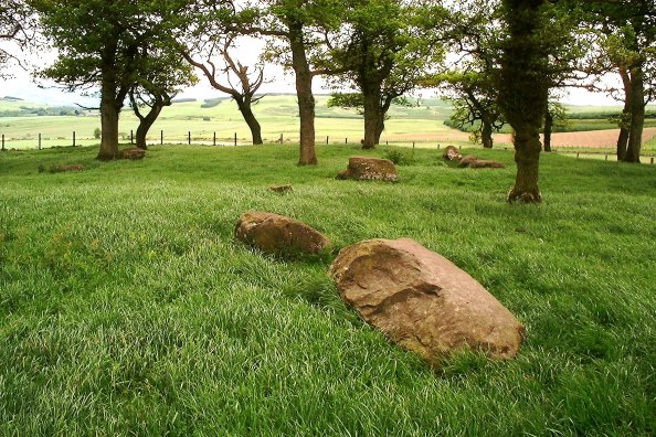 Situated about 90m SW of the Parkneuk four-poster, in the midst of a little wood, is this rather ruinous collection of stones, mostly fallen.  It's difficult to say what arrangement these were once in, as the stones are now rather scattered.  Two recumbent outliers in front, looking SE towards the remains of the circle.