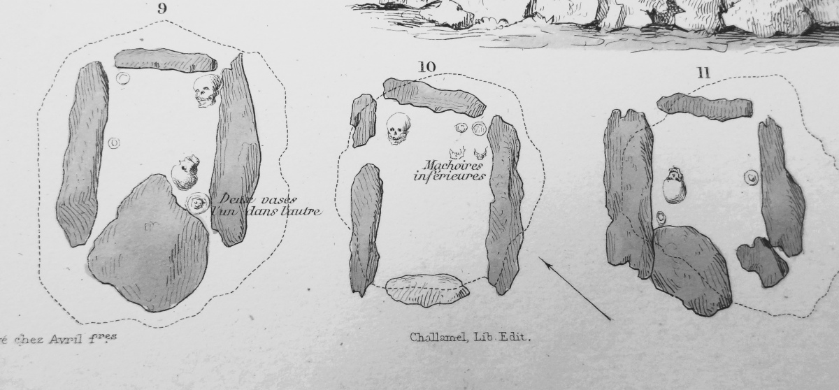 Plans of Dolmen 15 (no.9), Dolmen 16 (no.10) and Dolmen 17 (no.11).
Picture credits: J.R.Bourguignat, Histoire des Monuments Mégalithiques de Roknia,
Challamel Ainé, Paris, 1868
