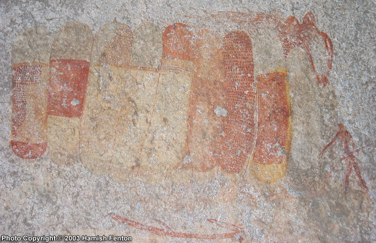 Bambata cave, detail of rock painting, these objects are commonky depicted in rock art in zimbabwe and have many unsubstantiated interpretations these include: symbols of potency of the community, depictions of the surrounding hills, beehives, grain storage bins.