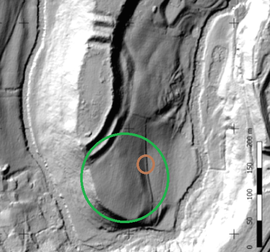  The southern end of the Caer Alyn hillfort. The green circle marks the southern enclosure, the area excavated in 2010. The brown circle indicates the position of the second trench, over the linear feature. 
Image Credit: Natural Resources Wales, with annotations by Alan Brown