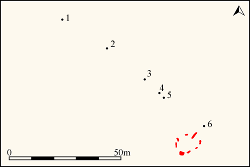 Plan of Gray Hill stone row (Source: GPS survey by Sandy Gerrard). Stone row shown black and stone circle red.