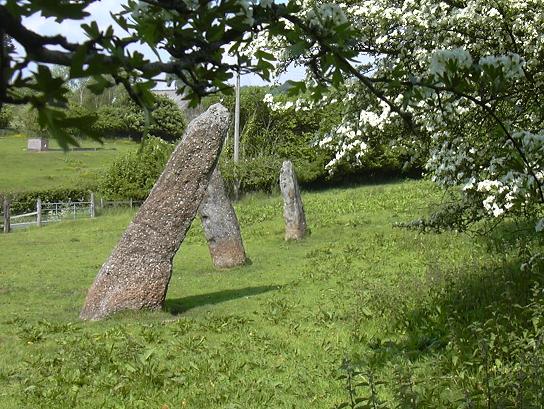 The three standing stones at Trellech seen from the south side. Each stone leans at a pronounced angle. Reputedly a fourth stone a little distance away was destroyed in the late 18th century (Cymru fu - anonymous 1890).
