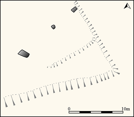 Plan of the Harolds Stones and adjacent earthworks (Source: Survey at 1:200 by Sandy Gerrard).