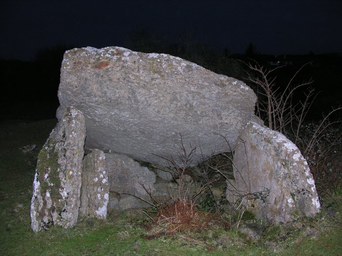 Pant y Saer in advanced twilight; not as dark as picture suggests due to juxtaposition of flash off the stone.
