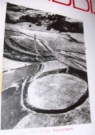 An aerial view of Pen Dinas, from a photo included in a local history display that accompanies the Celtic Stones at Llanbadarn Fawr church.