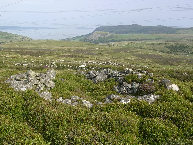 The eastern of the two cairns; this one is worth a visit. A definite ring, mound, and robbed out centre.

This view looks towards the eastern tip of Anglesey, with Puffin Island top left centre.