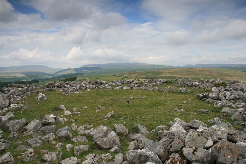 Site in Mid Glamorgan Wales, looking over the ring cairn to Coedcae'r Gwarthog Summit cairns on the tree smattered hill, in the near distance.