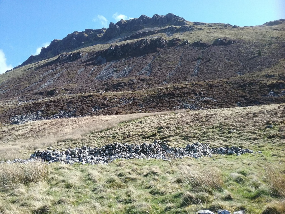 The later dwelling with Tyrrau Mawr towering above.