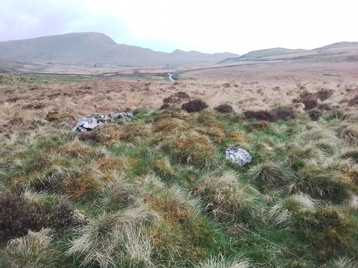 SW view across the cairn site with the eastern stone shroud exposed. Mynydd Pennant in the distance. 