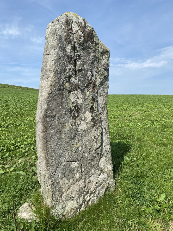 Situated in a field on the back road.It’s a tall stone and easy to reach. 