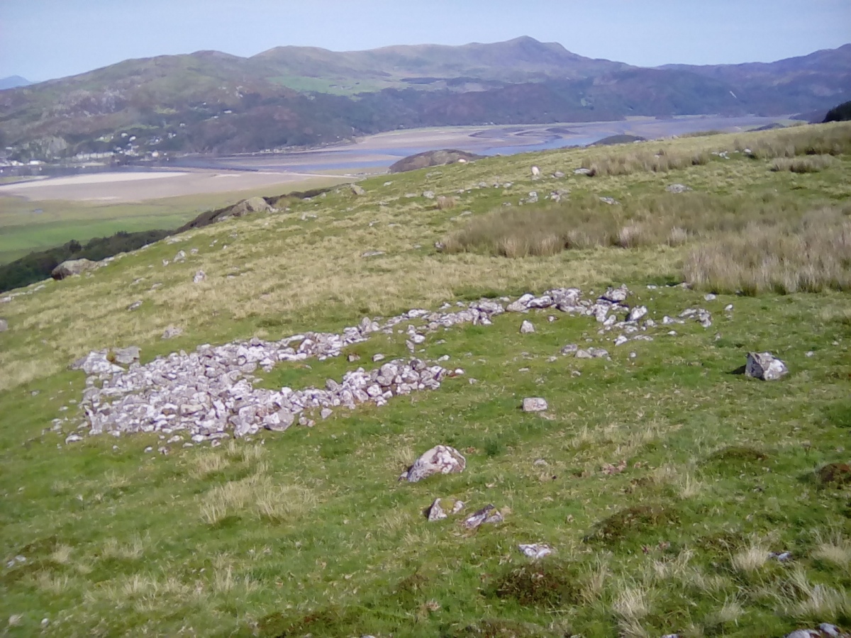 View to the north across the lower oval enclosure with adjoining hut circles in the foreground.