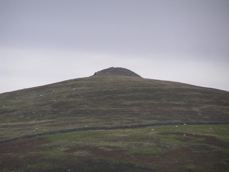 As noted by Shropshire Traveller, this cairn has a certain 'photographic' attraction - due no doubt to its symmetry?
Taken in October 2007 with my trusty little compact zoom camera, this picture fromt he same spot as ST's shows an enticing entrance at the left of the cairn.
It must surely be worth a climb in its own right if anyone is in the area... 