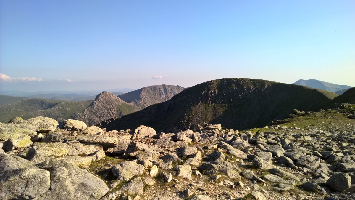 Looking SE from the cairn across to Tryfan (on the left). the Adam and Eve stones can be seen from here.  