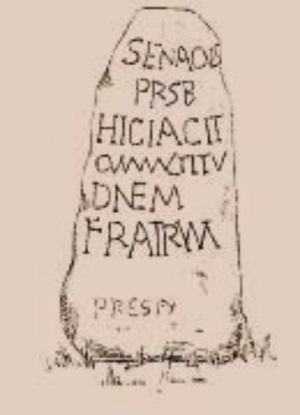The Senacus Stone at Aberdaron, Gwynedd, at SH.173264. Illustration of the stone, showing Latin inscription.
