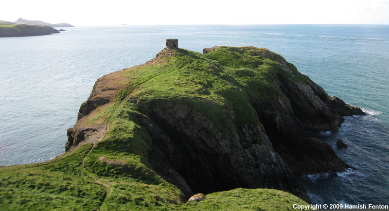 Abereiddy Promontory Fort/enclosure, view of the ditches, ramparts and interior with the later tower. Just beyond the tower and to the right (north) are some depressions that probably contained buildings, these depressions have banks on their lower sides. 
The slight bank closest to the camera is probably post-medieval.
Very low level, Kite Aerial Photograph (I do have a few higher shots but thi