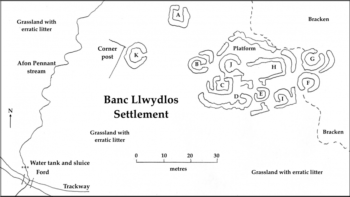 This is the best map I can manage, based on field survey and satellite imagery.  There are ten huts here, and maybe more lost in the bracken, and the settlement is on the same sort of scale as Skara Brae, but a good deal more ruinous!  I think we can call it a village.  What age?  Best guess is Neolithic / Bronze Age, but there may have been a long history of settlement, as at other sites.  It nee