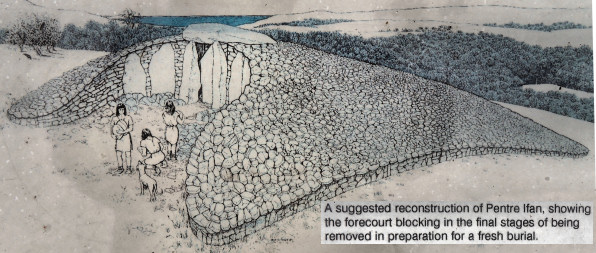 A modern illustration of Pentre Ifan suggesting that the capstone was never meant to be completely covered by the cairn. The arrangement of the blocking stone remains as it is today demonstrating that the capstone had to be moved before the blocking stone could be removed to open the chamber. Taken from the on-site information board.