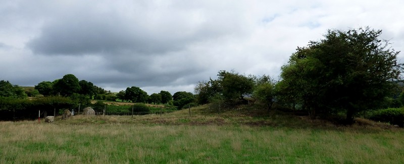 View of “long cairn” and stones from the south west (Scale 1m).